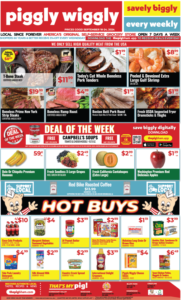 Piggly Wiggly weekly ad for September 18-24, 2024, featuring discounts on T-Bone Steak, pork tenders, shrimp, and hot buys like Tide Pods and Jif Peanut Butter.